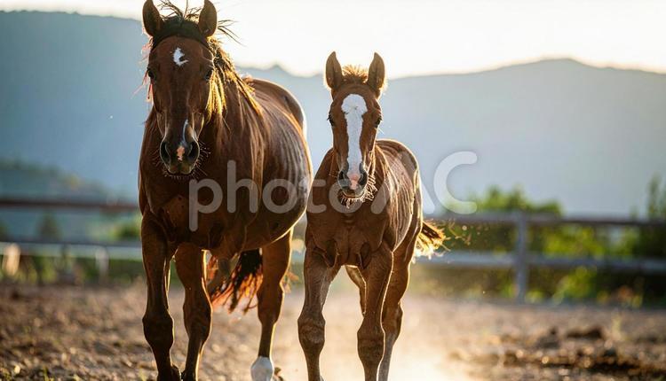 牧場を歩く馬の親子 馬,柵,家畜の写真素材