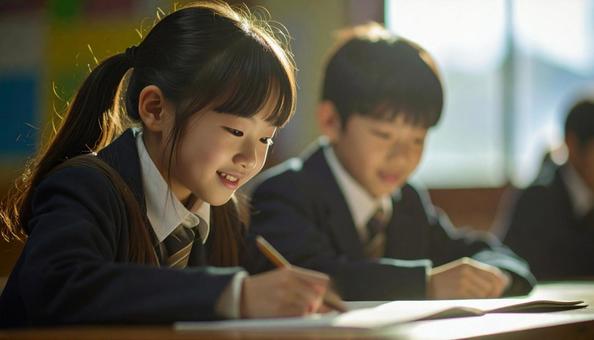 学校の教室で勉強している小学生2人 学校の教室で勉強している小学生2人の写真