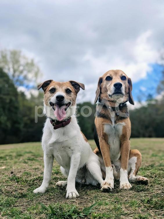 青空と芝生と犬 犬,ビーグル,ジャックラッセルテリアの写真素材