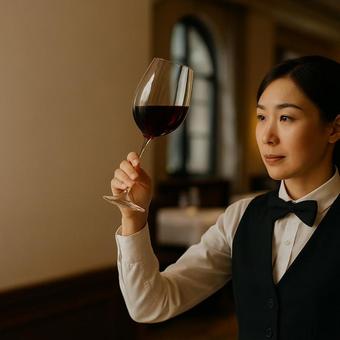 テイスティングする女性ソムリエ テイスティングする女性ソムリエの写真