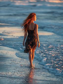 夏の夕暮れ、ビーチを歩く女性のシルエット 夏の夕暮れ、ビーチを歩く女性のシルエットの写真