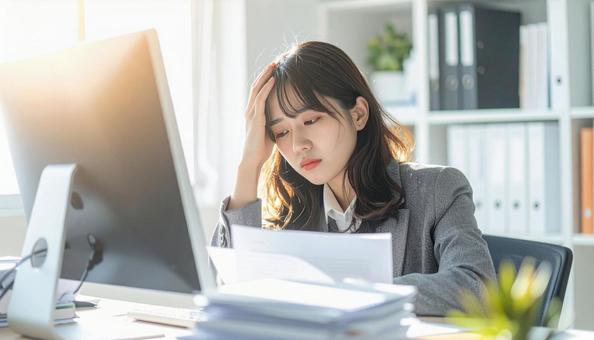 デスクで頭を抱えているビジネスマン デスクで頭を抱えているビジネスマンの写真