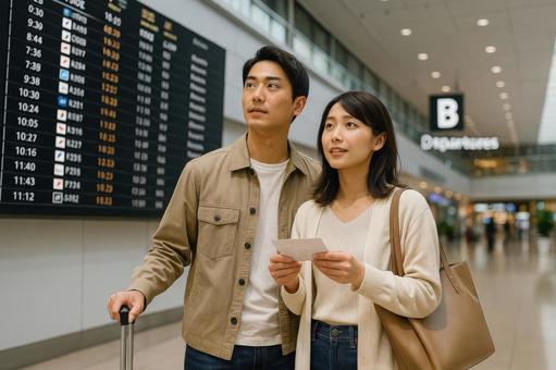 空港のロビーでフライトを確認するカップル 空港のロビーでフライトを確認するカップルの写真