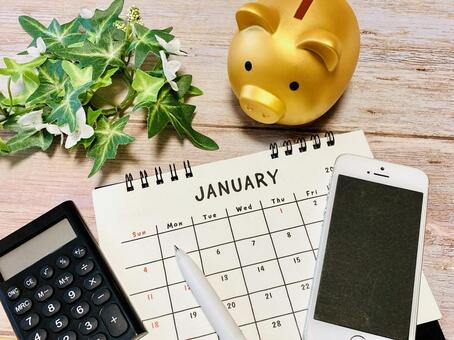 1月から家計管理を見直す 1月,カレンダー,スマホの写真素材