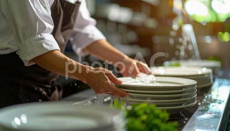 レストランの洗い場で皿を洗うスタッフの手 厨房,キッチン,飲食店の写真素材