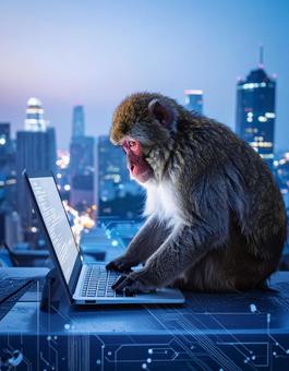 申年フォト・未来都市でパソコン操作する猿の写真