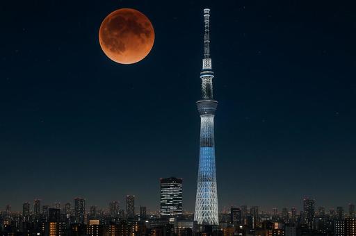 皆既月食とスカイツリーの写真