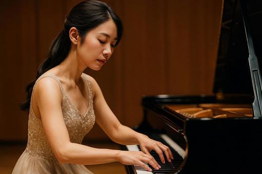 ピアノを演奏する女性の真剣な横顔 ピアノを演奏する女性の真剣な横顔の写真