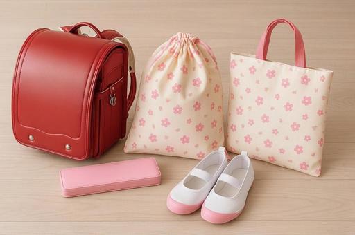 ピンクで揃えた入学準備品の写真