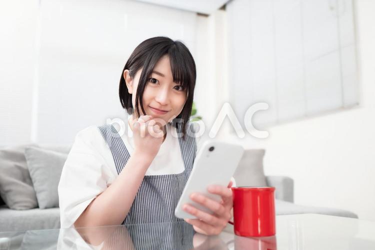 家事の合間にスマホを操作する若い女性のイメージ ガッツポーズ,マイホーム,配信の写真素材