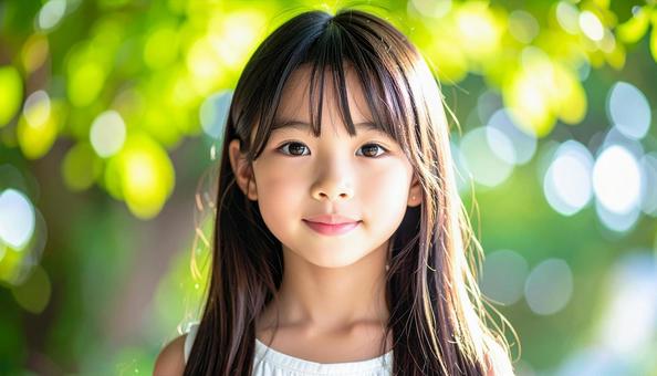 木漏れ日の緑の背景 少女のポートレート 木漏れ日の緑の背景 少女のポートレートの写真