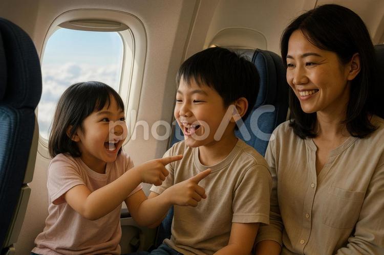 機内で窓側席を取り合う日本人の子どもたち 機内,子ども,日本人の写真素材