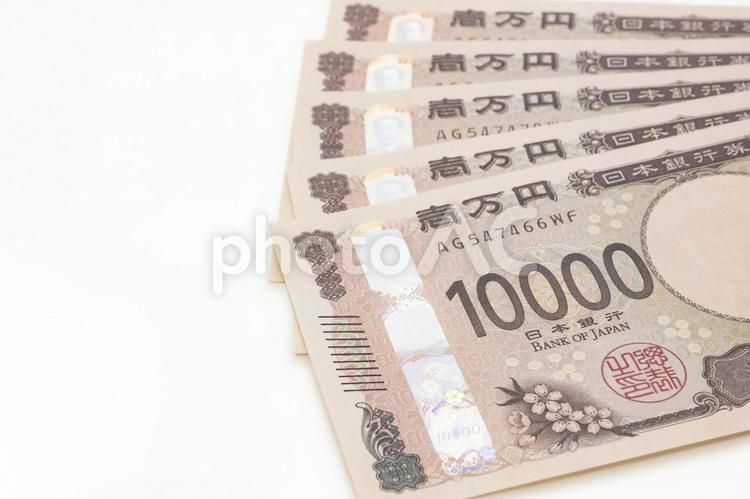 5枚の新一万円札のクローズアップ 新紙幣,五万円,一万円札の写真素材