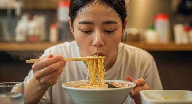 熱々ラーメンを食べる女性の飲食シーン 熱々ラーメンを食べる女性の飲食シーンの写真