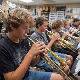 音楽教室で練習するティーンのブラスバンドの写真