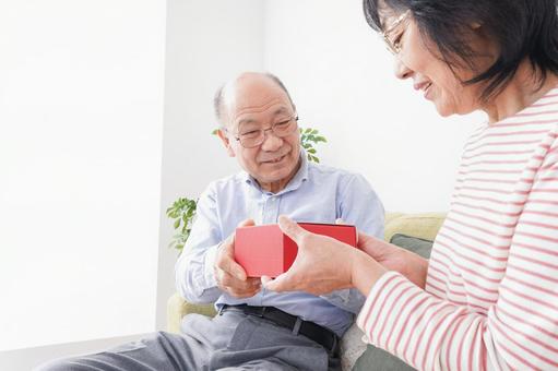 プレゼントを渡す高齢の夫婦 プレゼントを渡す高齢の夫婦 おじいさん,恋愛,手渡しの写真素材