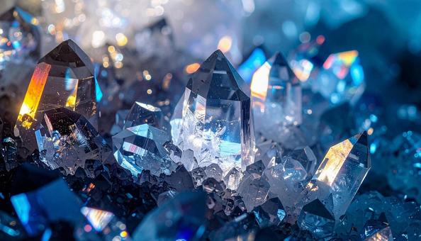 光に照らされた透明クリスタル群の写真