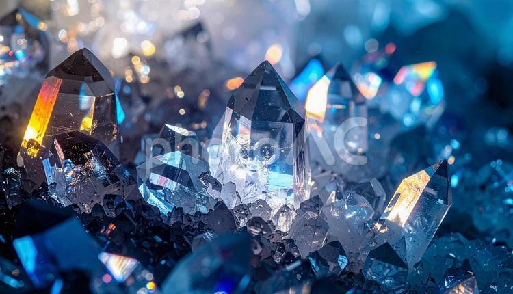 光に照らされた透明クリスタル群 クリスタル,宝石,青の写真素材