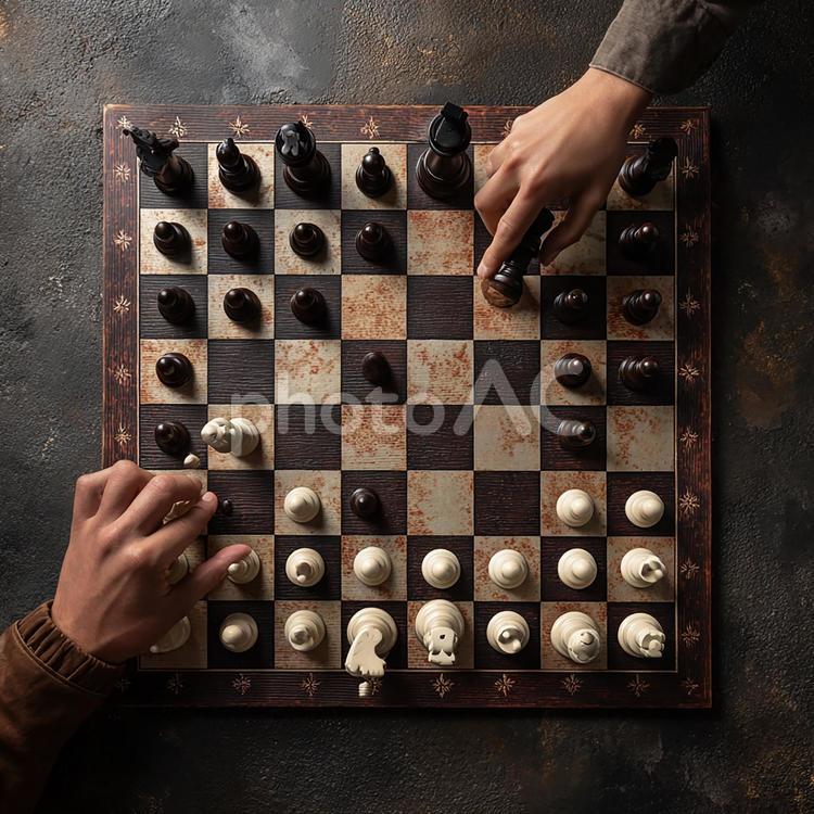 チェス盤上での一手：真上からの視点 チェス,将棋,ボードゲームの写真素材