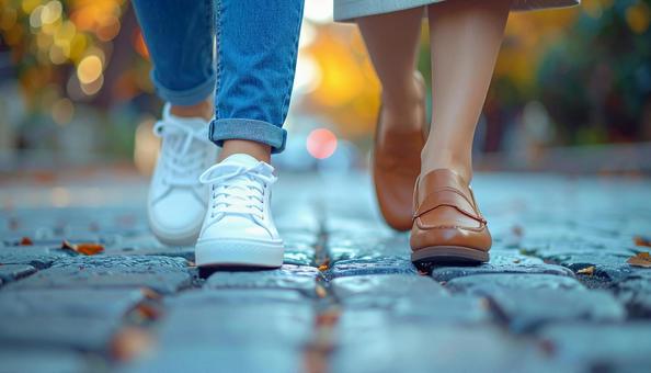 石畳の上を歩く女性の足元 石畳の上を歩く女性の足元の写真