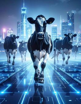 丑年フォト・未来都市を駆けるホルスタインの写真