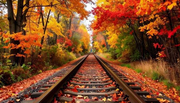 秋の紅葉のトンネルと電車の線路 秋の紅葉のトンネルと電車の線路の写真