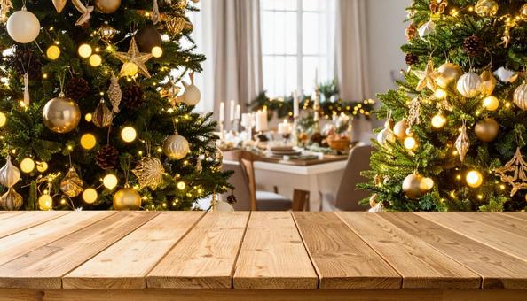 クリスマスツリーと木のテーブル素材の写真