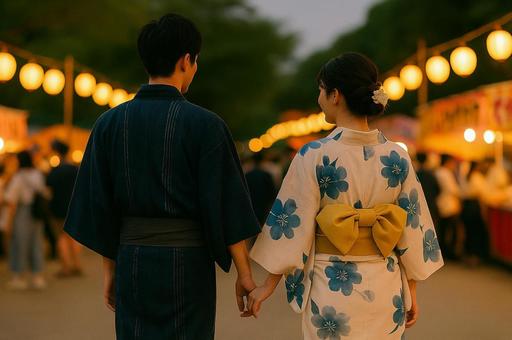 浴衣姿のカップルが手をつなぎ歩く後ろ姿 浴衣姿のカップルが手をつなぎ歩く後ろ姿の写真
