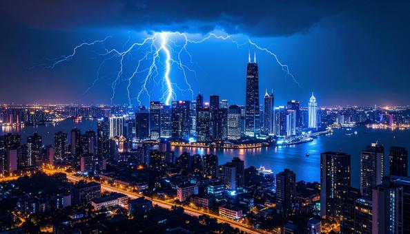 青白い稲光 落雷 大都会の夜景 青白い稲光 落雷 大都会の夜景の写真