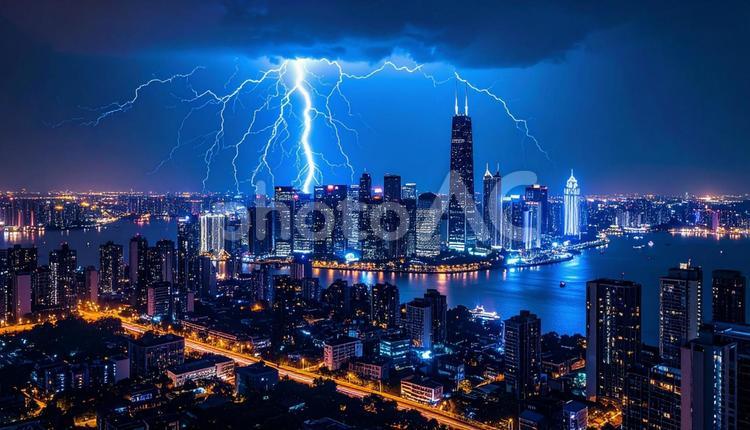 青白い稲光　落雷　大都会の夜景 雷,稲妻,稲光の写真素材