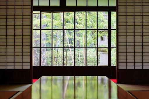 View of outdoor greenery from inside a Japanese house, interior, japanese style room, background, JPG