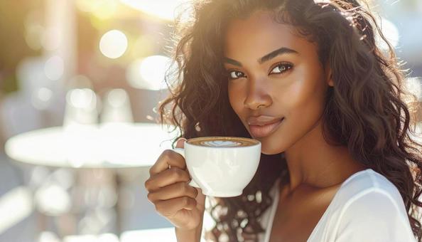 コーヒーを飲む外国人女性のポートレート コーヒーを飲む外国人女性のポートレートの写真