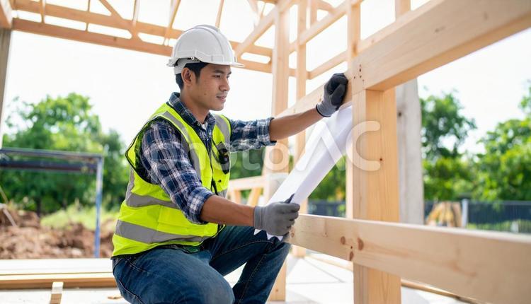 建築現場で仕事をする作業着姿の若い男性 土地家屋調査士,施工管理技士,ヘルメットの写真素材