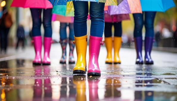 雨の日 カラフルな長靴をはいた足元 雨の日 カラフルな長靴をはいた足元の写真