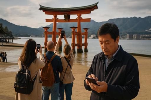 厳島神社鳥居と観光客 厳島神社鳥居と観光客の写真