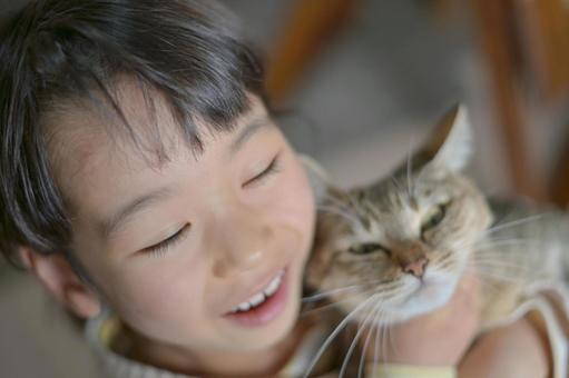 Cat and smiling girl 2, cat, a pet, kitten, JPG