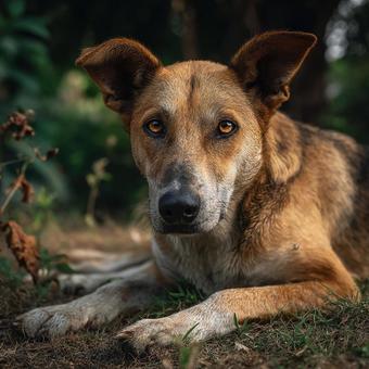 地面に横たわる犬の姿 地面に横たわる犬の姿の写真