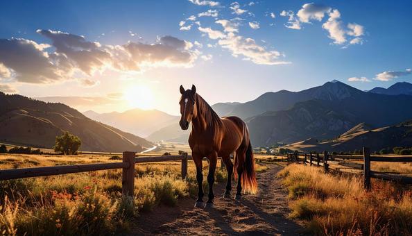 牧場の柵から顔をのぞかせる馬の写真