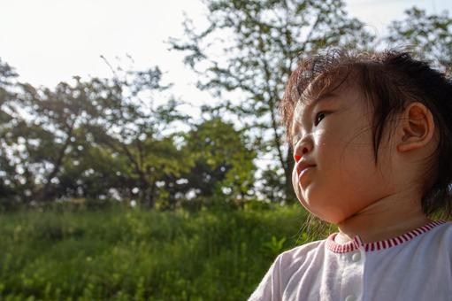 遠くを見つめる子供 遠くを見つめる子供の写真