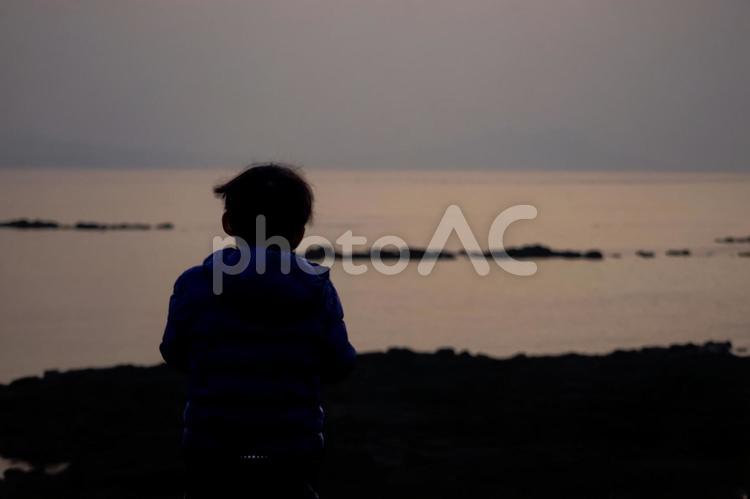 ＜人物＞夜明けの海を眺める小学生 子供,海,夜明けの写真素材