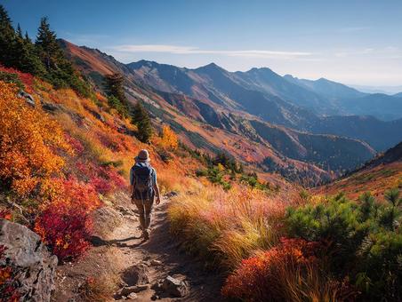 絶景の山道を歩くの写真