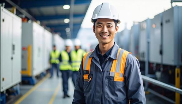 微笑むつなぎ姿の男性電気工事作業員 微笑むつなぎ姿の男性電気工事作業員の写真