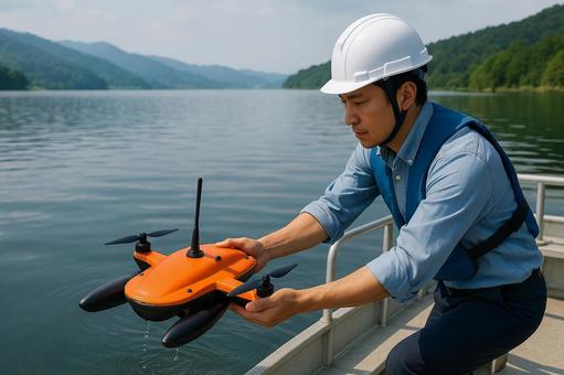 湖上調査水上ドローン発進 調査船研究者 湖上調査水上ドローン発進 調査船研究者の写真