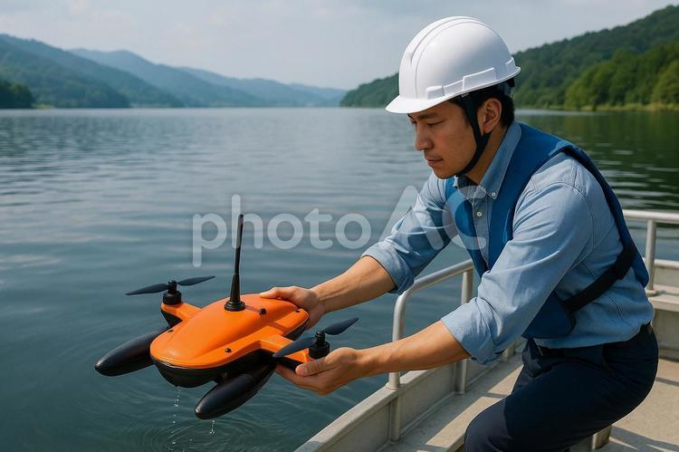 湖上調査水上ドローン発進　調査船研究者 湖,調査船,ドローンの写真素材