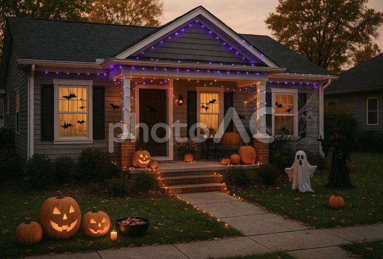 アメリカの家のハロウィン装飾 ハロウィン,郊外住宅,ジャックオランタンの写真素材