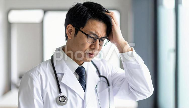 頭をぐしゃぐしゃにして悩む日本人男性医師 クリニック,ジェスチャー,ドクターの写真素材