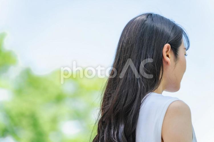 青空と後ろ姿の女性（黒髪・ロングヘアー） 女性,後ろ姿,青空の写真素材