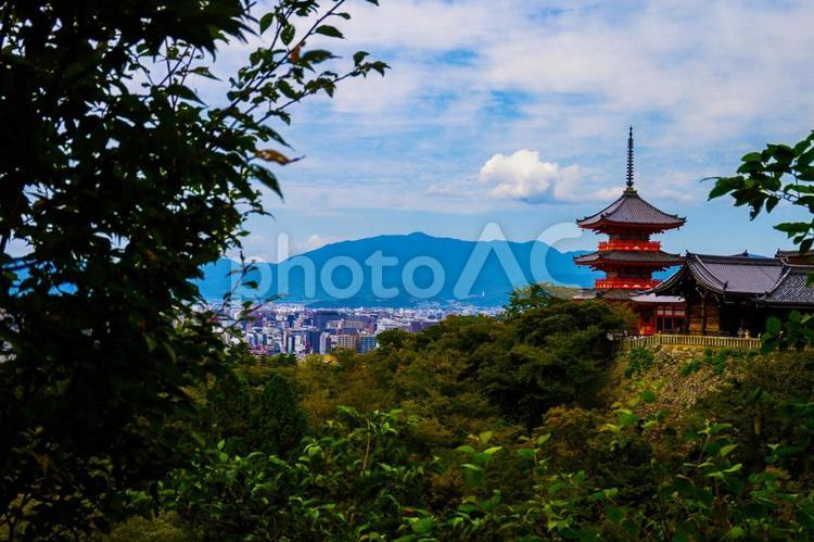 青い空と白い雲を見せる自然の清水寺 塔,絶景,風景の写真素材