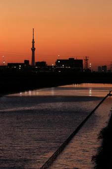 夕暮れの運河とスカイツリー 夕暮れの運河とスカイツリーの写真