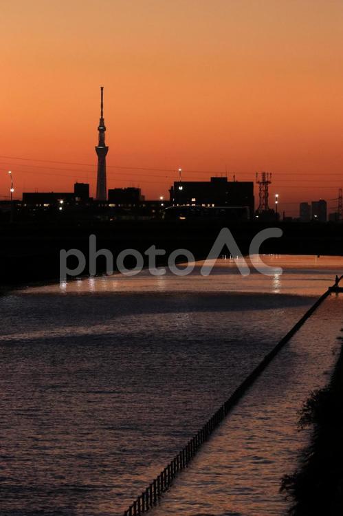 夕暮れの運河とスカイツリー マジックアワー,夕焼け,夕暮れの写真素材